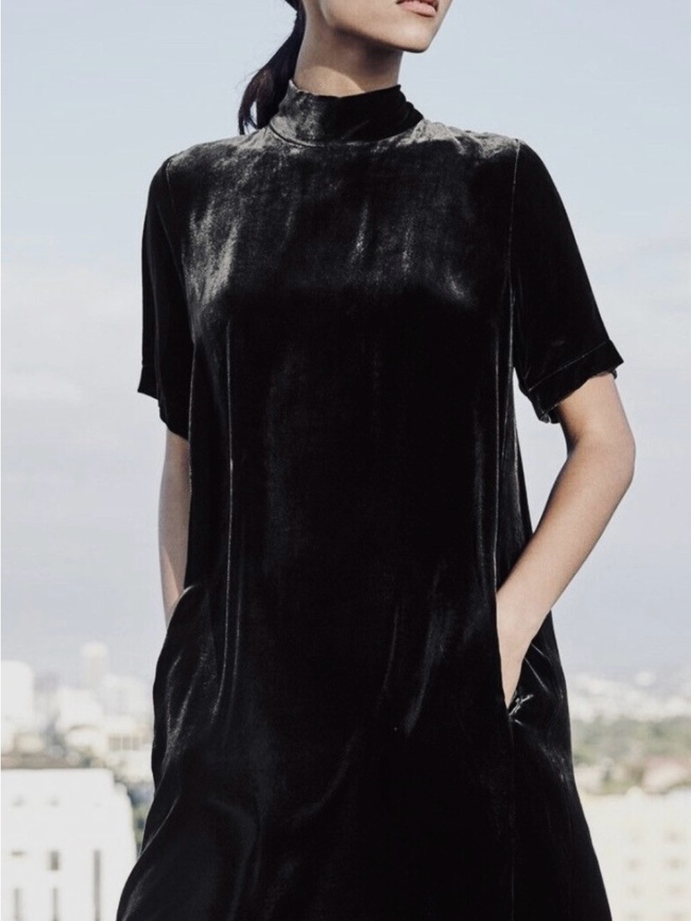 Eileen Fisher Velvet Mock Neck Tie Back Shift Dress